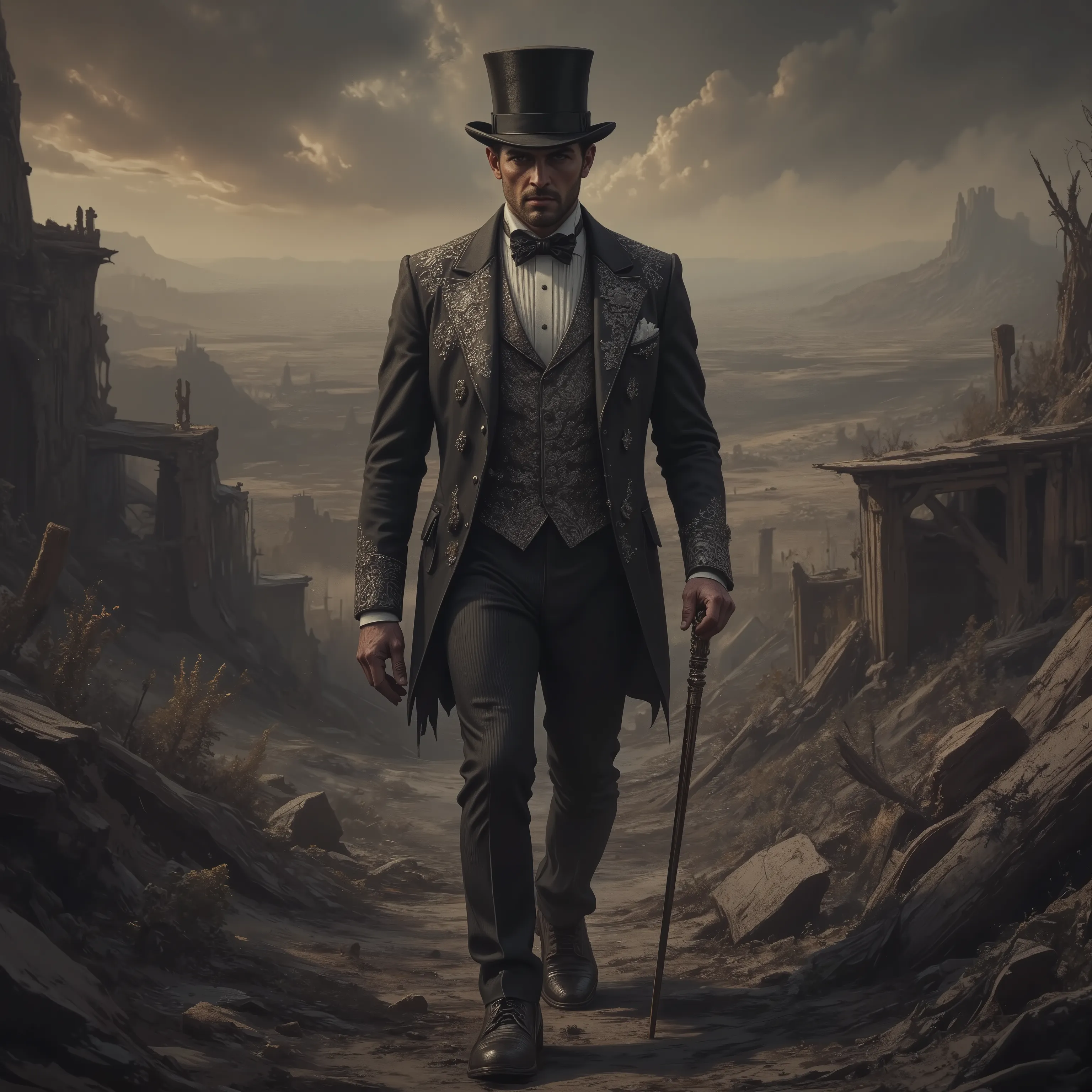 solo,detailxl, Top Hat, Walking stick, formal suits with silver embroidery, noble man, dystopia background, landscape,traveler, from behind,distant view