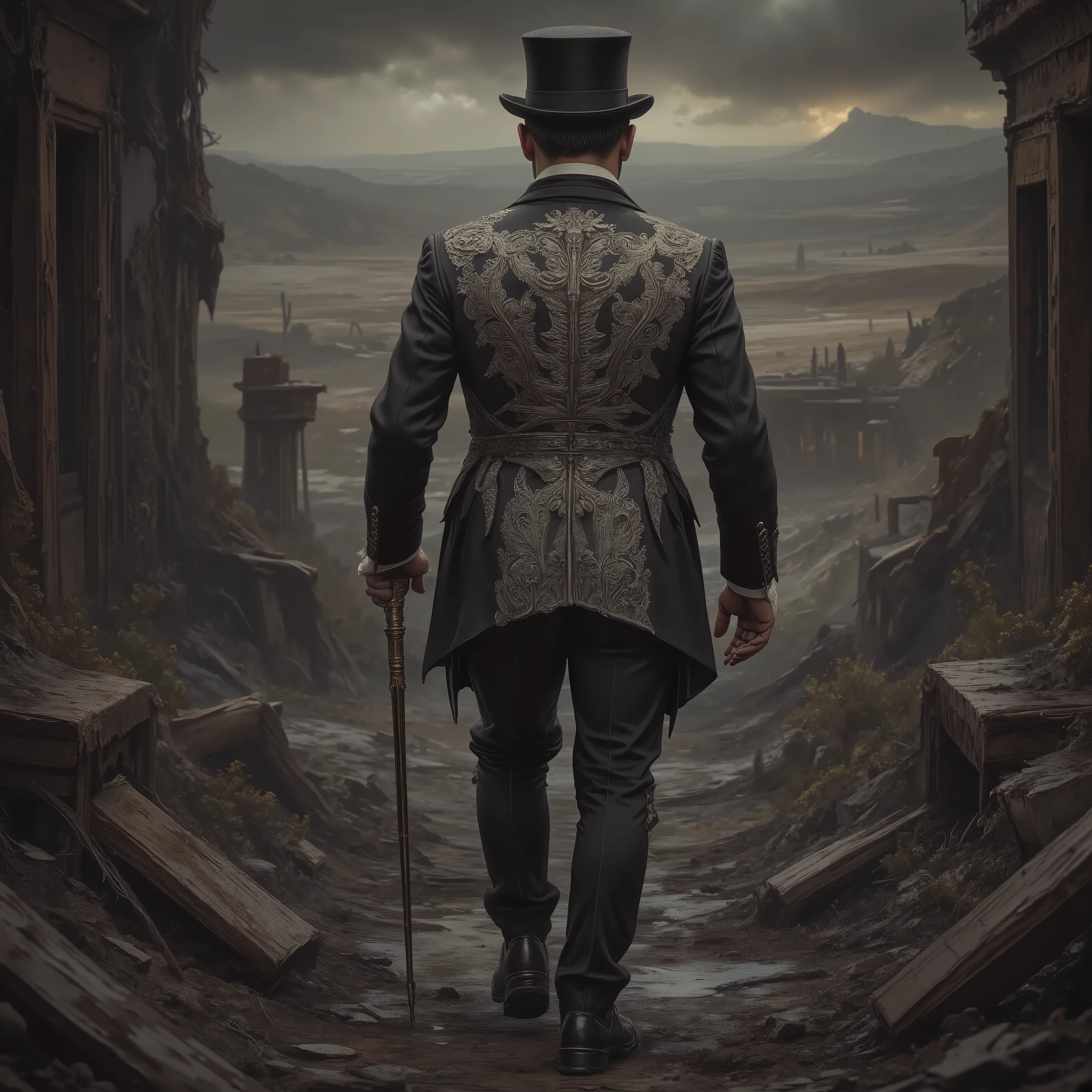 solo,detailxl, Top Hat, Walking stick, formal suits with silver embroidery, noble man, dystopia background, landscape,traveler, from behind,distant view