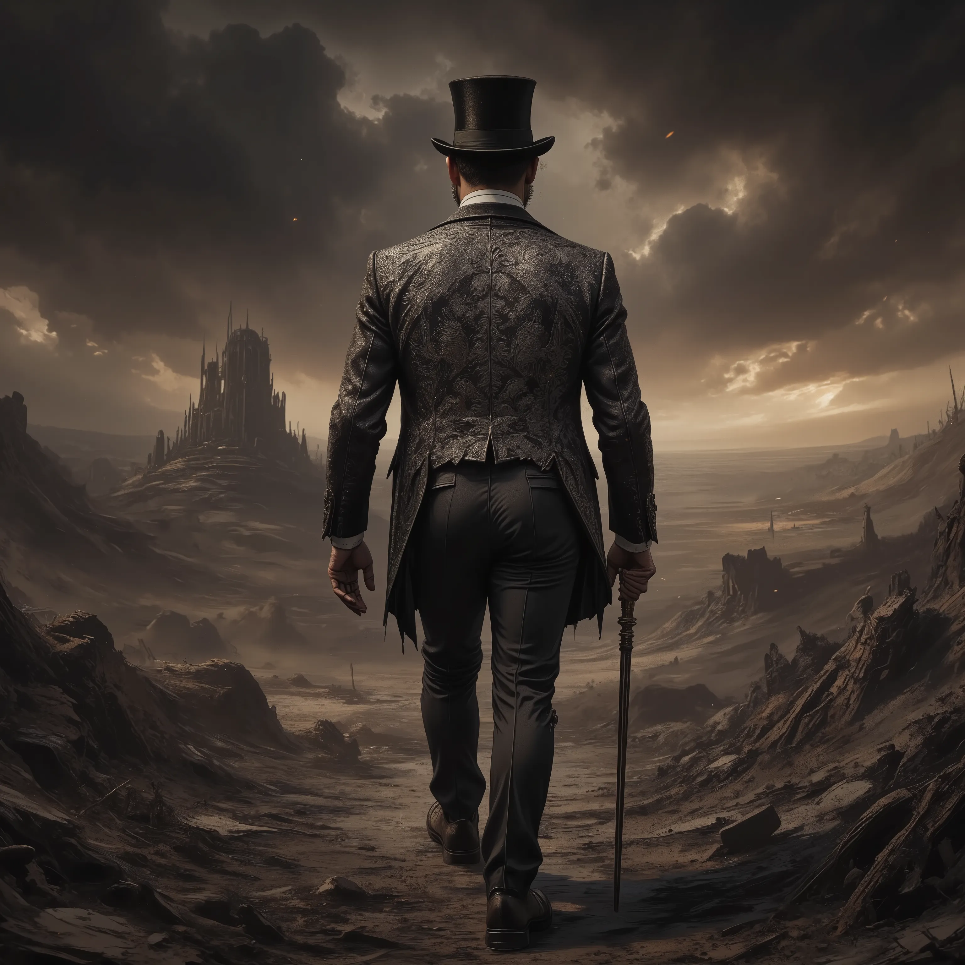 solo,detailxl, Top Hat, Walking stick, formal suits with silver embroidery, noble man, dystopia background, landscape,traveler, from behind,distant view