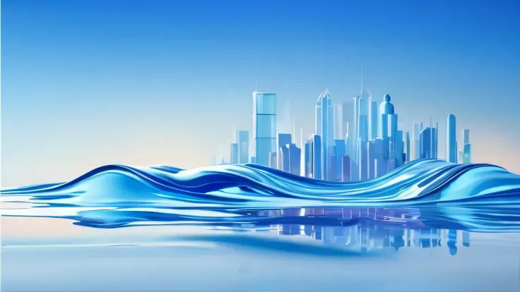 Blue and White，Simple and clean background，The background has a sense of flow，Transparent glass texture，Lightweight scene，The main body is a city building and is located in one-half of the image, something with a sense of flow covers the city，The city occu...