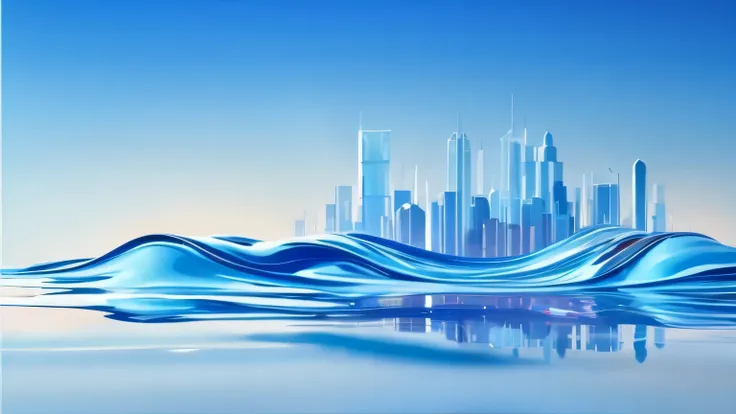 Blue and White，Simple and clean background，The background has a sense of flow，Transparent glass texture，Lightweight scene，The main body is a city building and is located in one-half of the image, something with a sense of flow covers the city，The city occu...