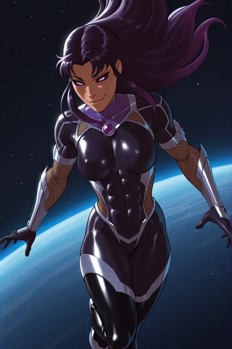 ,,lazypos,,Smooth_Quality,IllusP0s,(masterpiece,best quality,ultra_detailed,highres,absurdres:1.2,amazing quality,very aesthetic),source_cartoon,(taimanin_bodysuit) , above view ,dandonfuga_style,blackfirett, blackfire from dc, 1girl, young, solo, long hai...