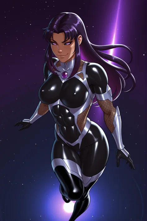 ,,lazypos,,Smooth_Quality,IllusP0s,(masterpiece,best quality,ultra_detailed,highres,absurdres:1.2,amazing quality,very aesthetic),source_cartoon,(taimanin_bodysuit) , above view ,dandonfuga_style,blackfirett, regular sized head, blackfire from dc, 1girl, y...