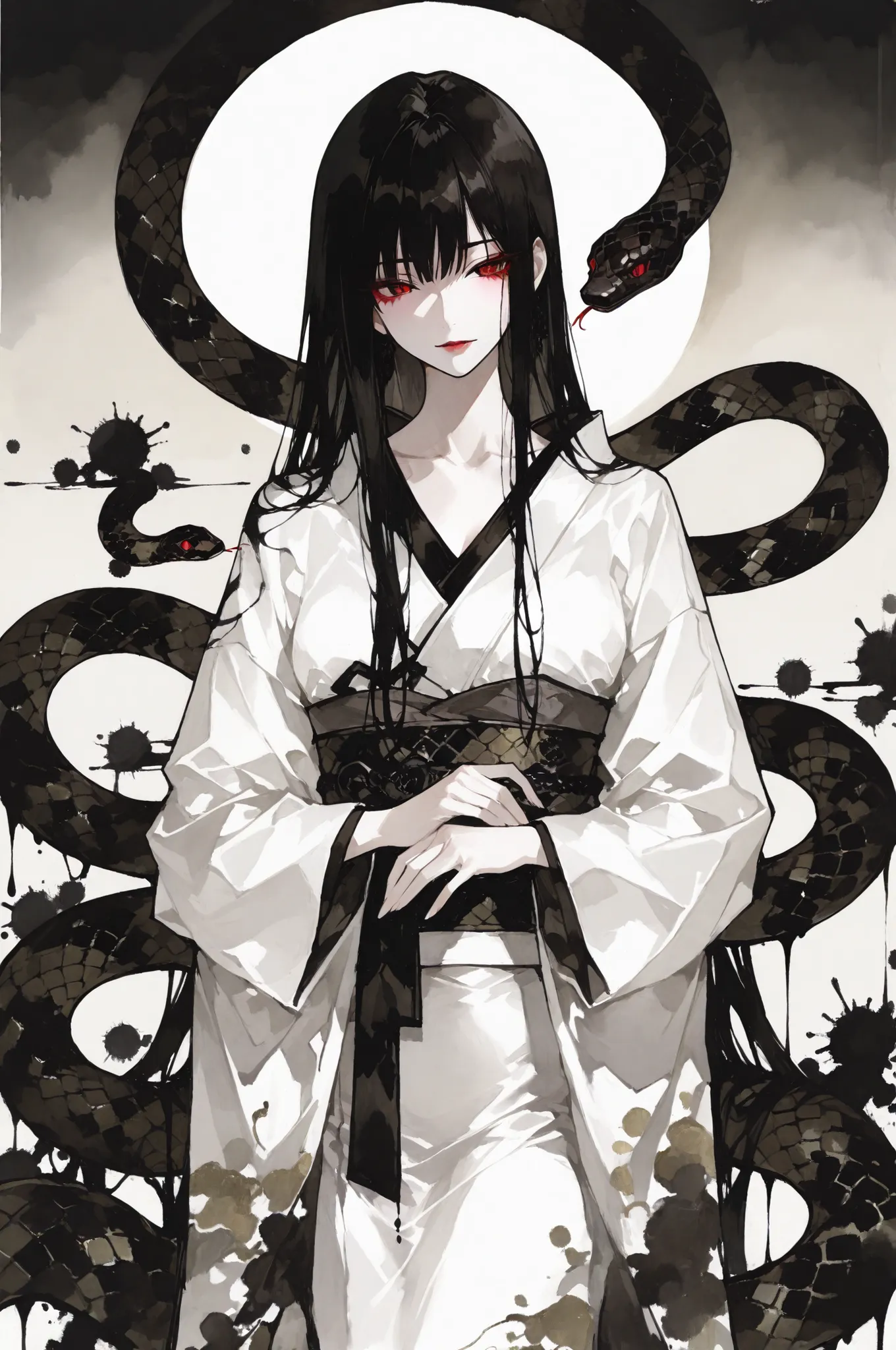 最高品質, 水墨画傑作, 豪壮筆致, 1girl with snake, bold ink painting, dramatic coiling snake, traditional ink style, elegant woman, powerful brush strokes, flowing kimono, snake wrapped around arms, intense ink effects, mystical atmosphere, long black hair movement, hea...