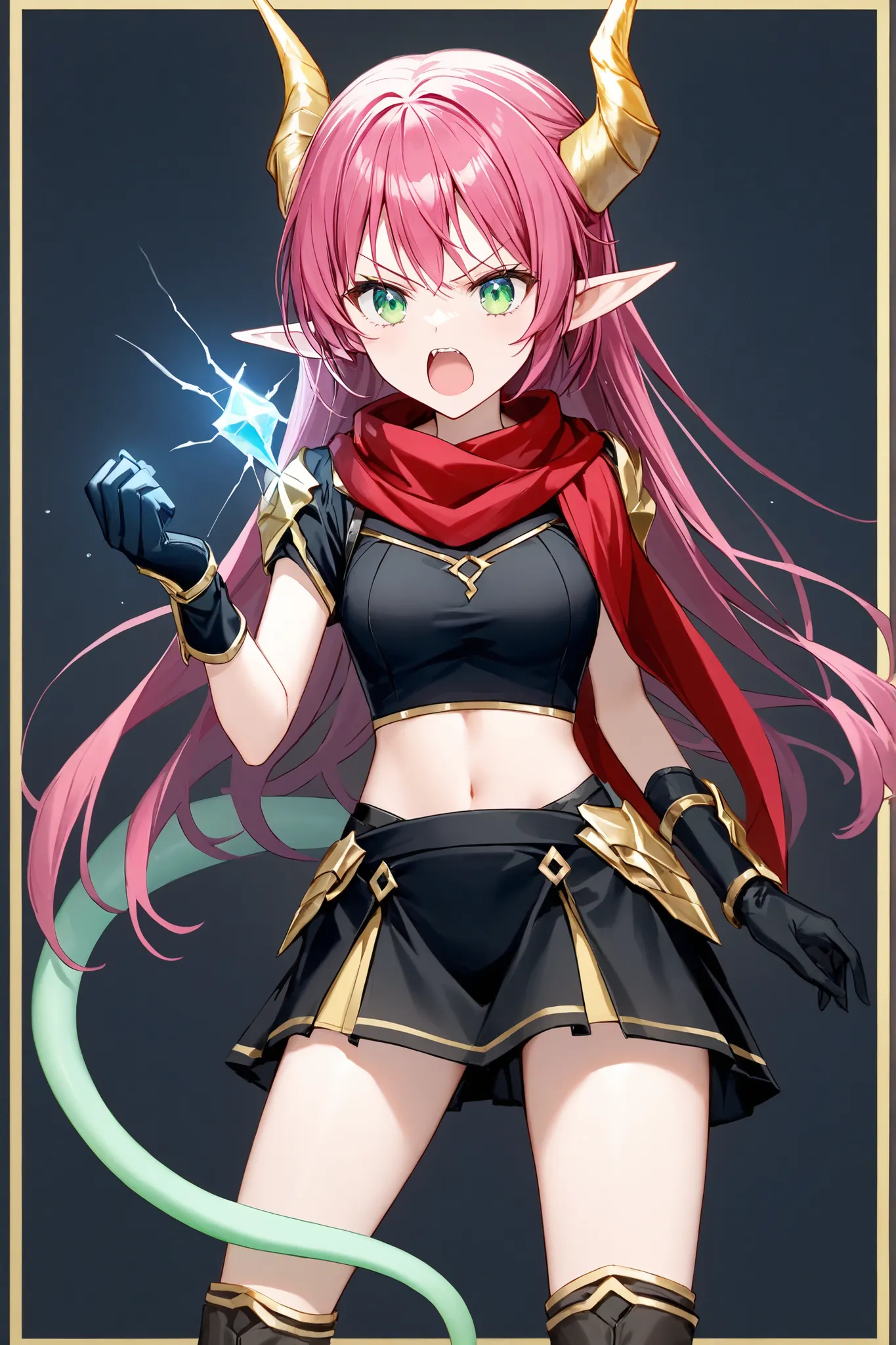 (one girl), (perfect female body),  (yelling), (glaring), (Wear shining lightning all over your body)。(The thin, light green tail with no scales grows only one from the position of the coccyx )。A golden dragon horn grows from its head。Middle school-aged wo...