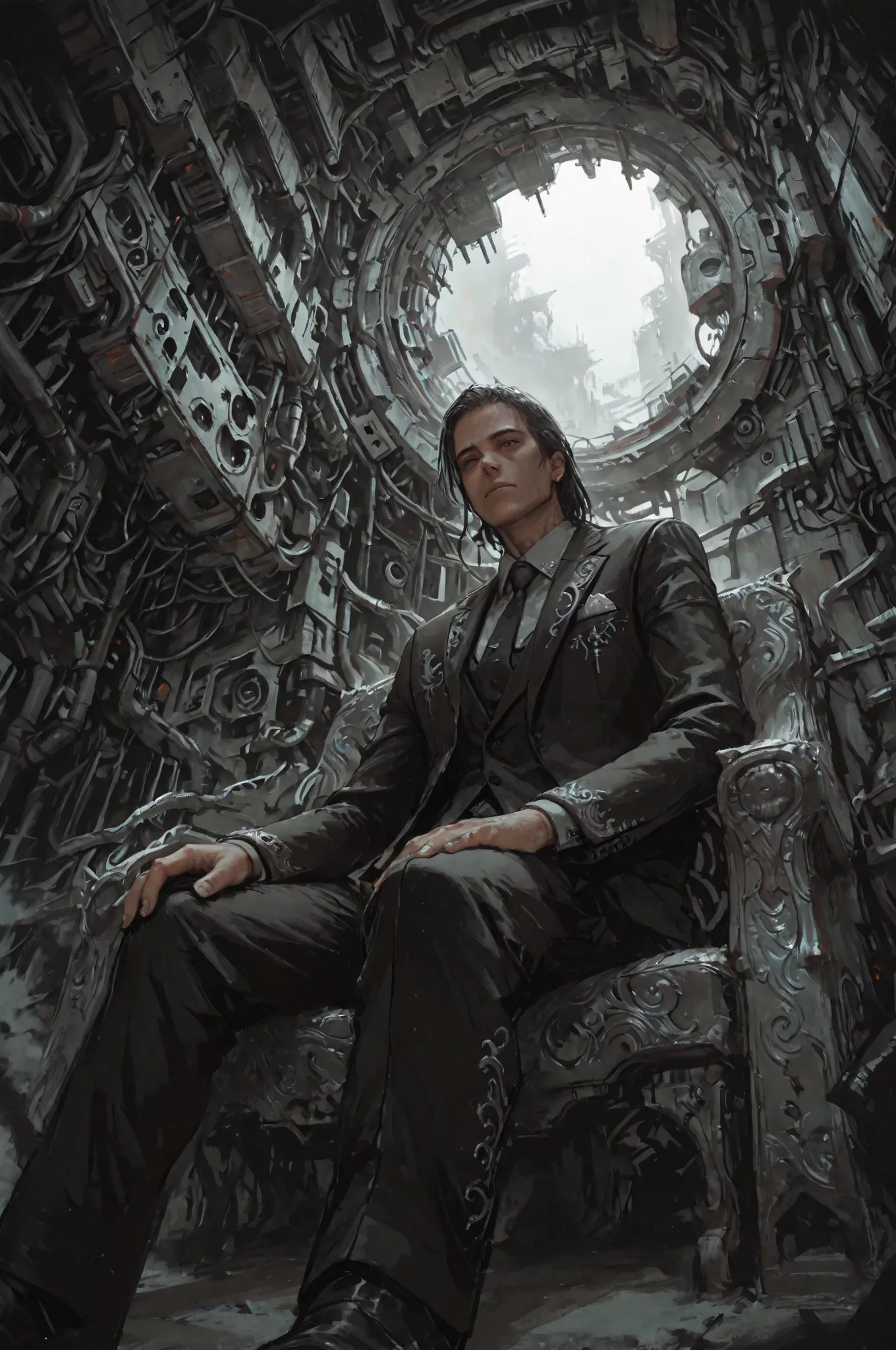 detailxl,tatsuyuk, from below, sitting, formal suits with silver embroidery, noble man, dystopia landscape