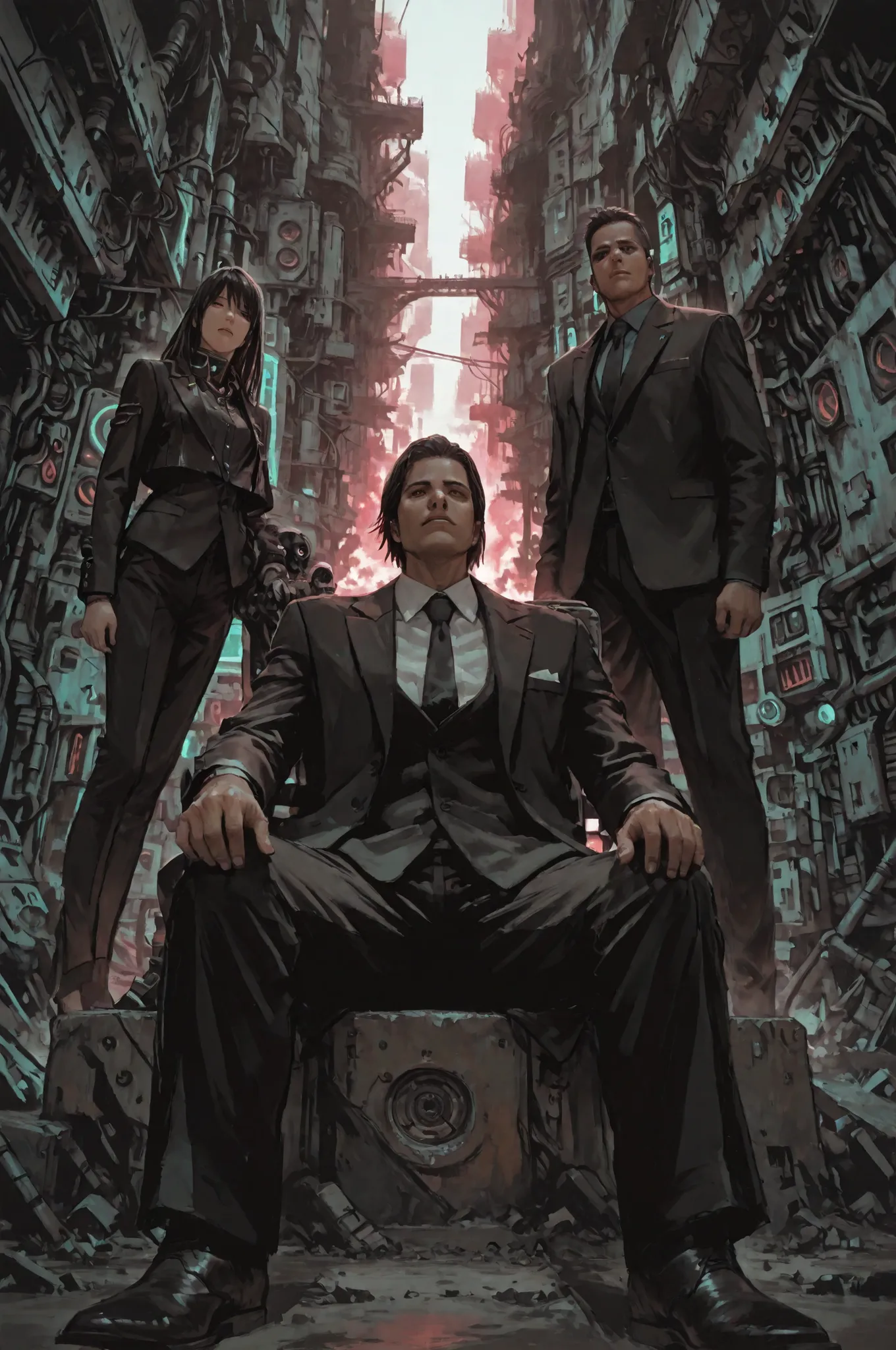 detailxl,tatsuyuk, from below, sitting, formal suits, noble man, dystopia landscape