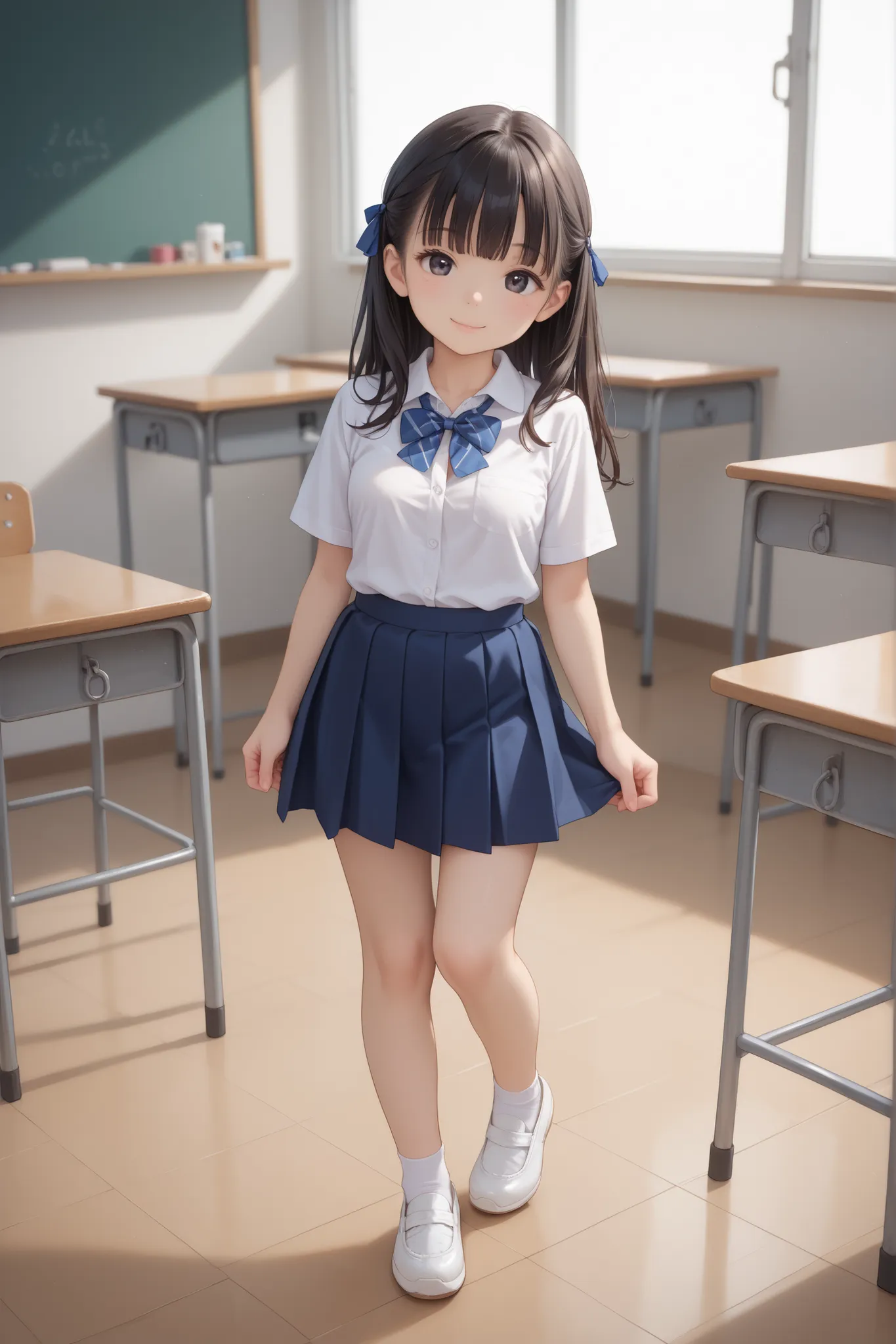 score_9, score_8_up, score_7_up, source_anime, masterpiece, highest quality, young girl with large-sized breasts, black eye, black hair, long hair, white shirt, short sleeve, school ribbon, cleavage, navy blue skirt, white socks, white shoes, in classroom,...