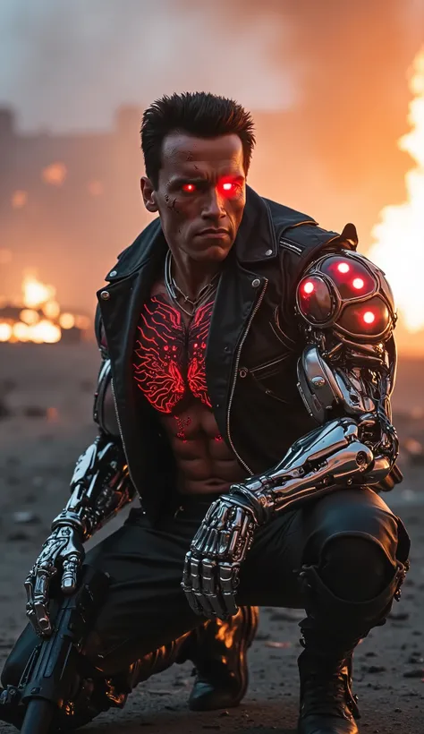 War Cyborg with Lethal Look (Estilo Exterminador)
A cybernetic warrior is kneeling in the midst of a burning apocalyptic scenario. The atmosphere is one of total destruction, with the smoke-tinged sky and the orange glow of the fire in the background. The ...