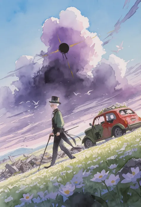 soft watercolor, pastel colors, solo, 1man, white short hair, white mustache, black top hat, monocle, black tailcoat, black pants, walking, holding cane, from to side, blue sky, black sun, dark-purple clouds, (green lawn:1.2), flowers, (red lake:0.8), bird...