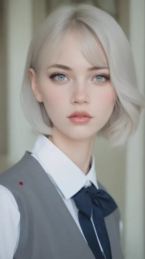 beautiful, skinny girl. She has long grey hair, pure white skin, Light Grey Eyes , long grey eyelashes, full lips, And a neat nose. she wears a Slytherin school uniform. crystal clear beauty