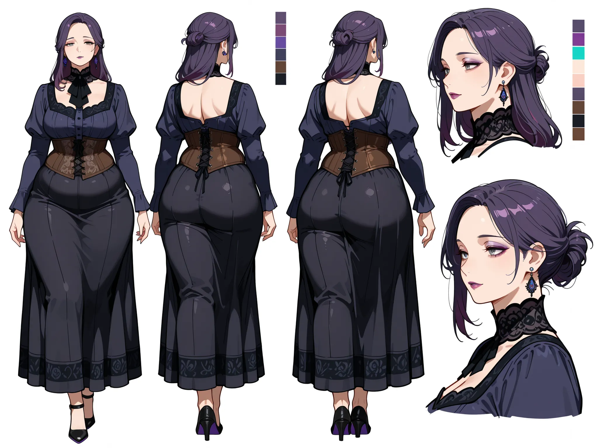 Masterpiece, best quality, character design sheet, ((mature goth woman)), clean lineart, multiple poses, makeup:0.7, loose hairstyle, light hazel eyes, dark violet hair, white background, plump curvy figure, color palette swatches, front view, side view, b...
