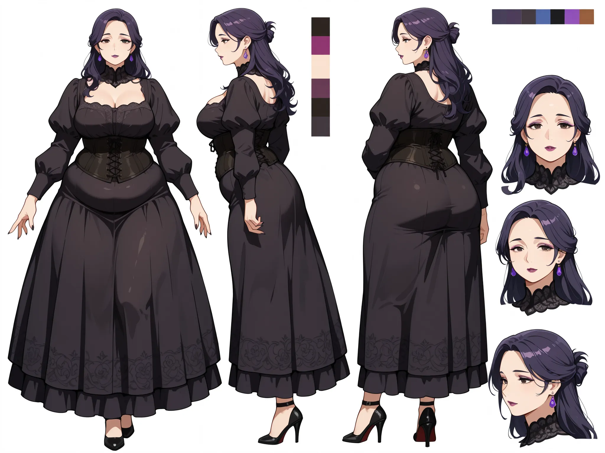 Masterpiece, best quality, character design sheet, ((mature goth woman)), clean lineart, multiple poses, makeup:0.7, loose hairstyle, hazel eyes, dark violet hair, white background, plump curvy figure, color palette swatches, front view, side view, back vi...