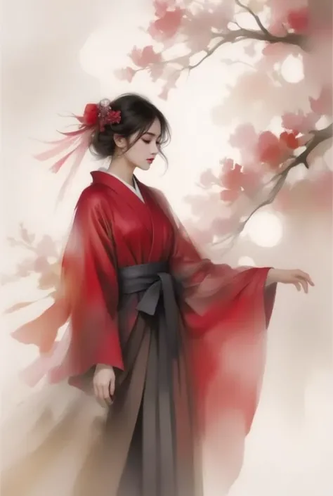 bokeh, a painting or a digital artwork with a hyper-realistic style,A dynamic ink-wash painting ,watercolor painting ,Ink wash painting, A woman in vivid crimson hakama twirls under fluttering cherry blossoms, her sleeves catching the golden afternoon light.