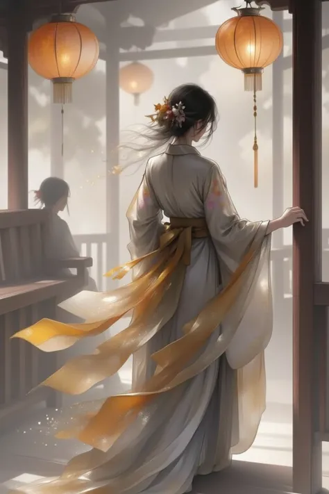 bokeh, a painting or a digital artwork with a hyper-realistic style,A dynamic ink-wash painting ,watercolor painting ,Ink wash painting, in a dazzling golden hakama, she steps onto the veranda of a shrine, surrounded by fluttering banners and lanterns.