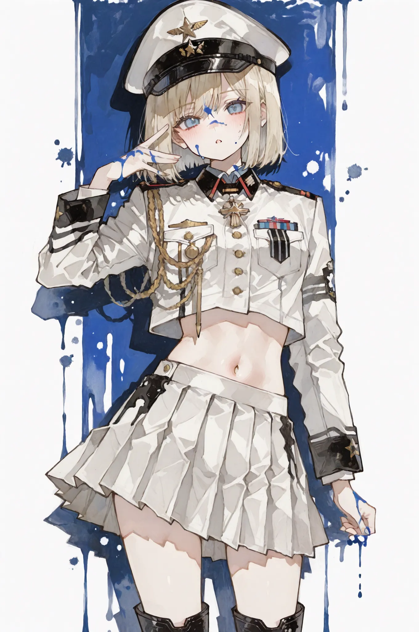perfect detailed 5fingers,最高品質, 水墨画傑作, 力強い筆致, 1girl, military uniform, cute girl, sumi-e style, saluting pose, bold ink strokes, exposed navel, dramatic brush effects, military cap, cropped uniform jacket, ink splash dynamics, determined expression, unifor...