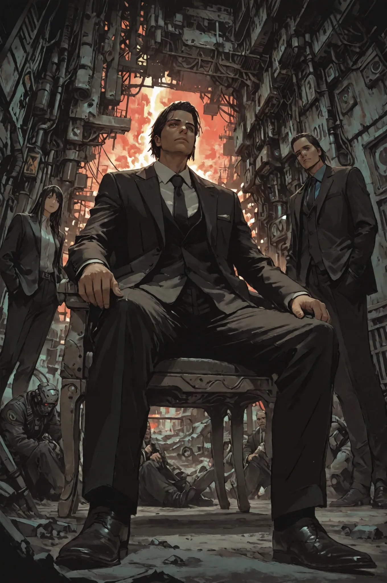 detailxl,tatsuyuk, from below, sitting, formal suits, noble man, dystopia landscape
