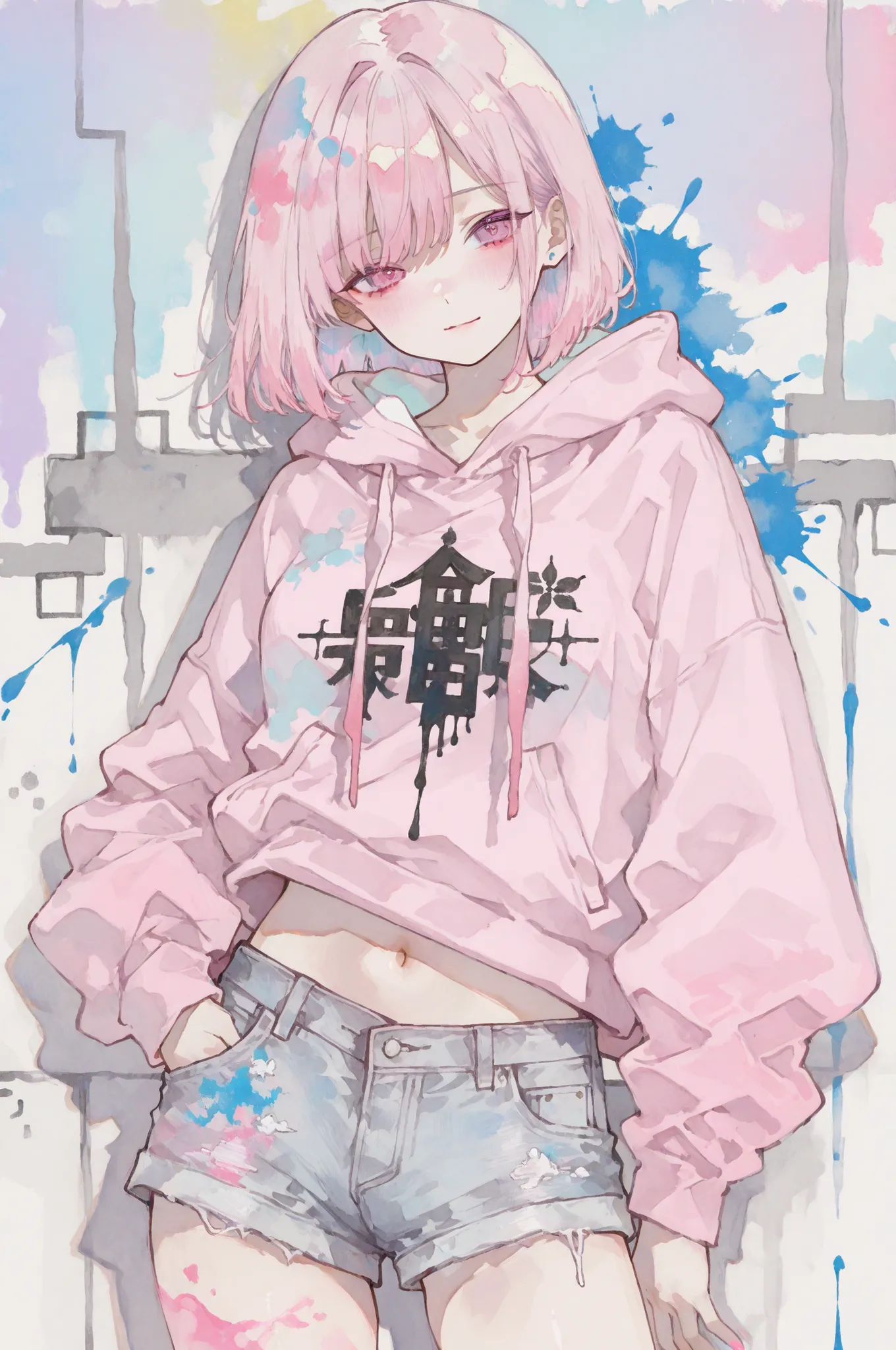 最高品質, 芸術的逸品, 繊細描写, 1girl, wall art style, pastel colors, graffiti effects, cute anime girl, oversized hoodie, short shorts, navel peek, street art aesthetic, ink wash gradients, vibrant color splashes, urban art style, sumi-e influence, exposed midriff, pa...