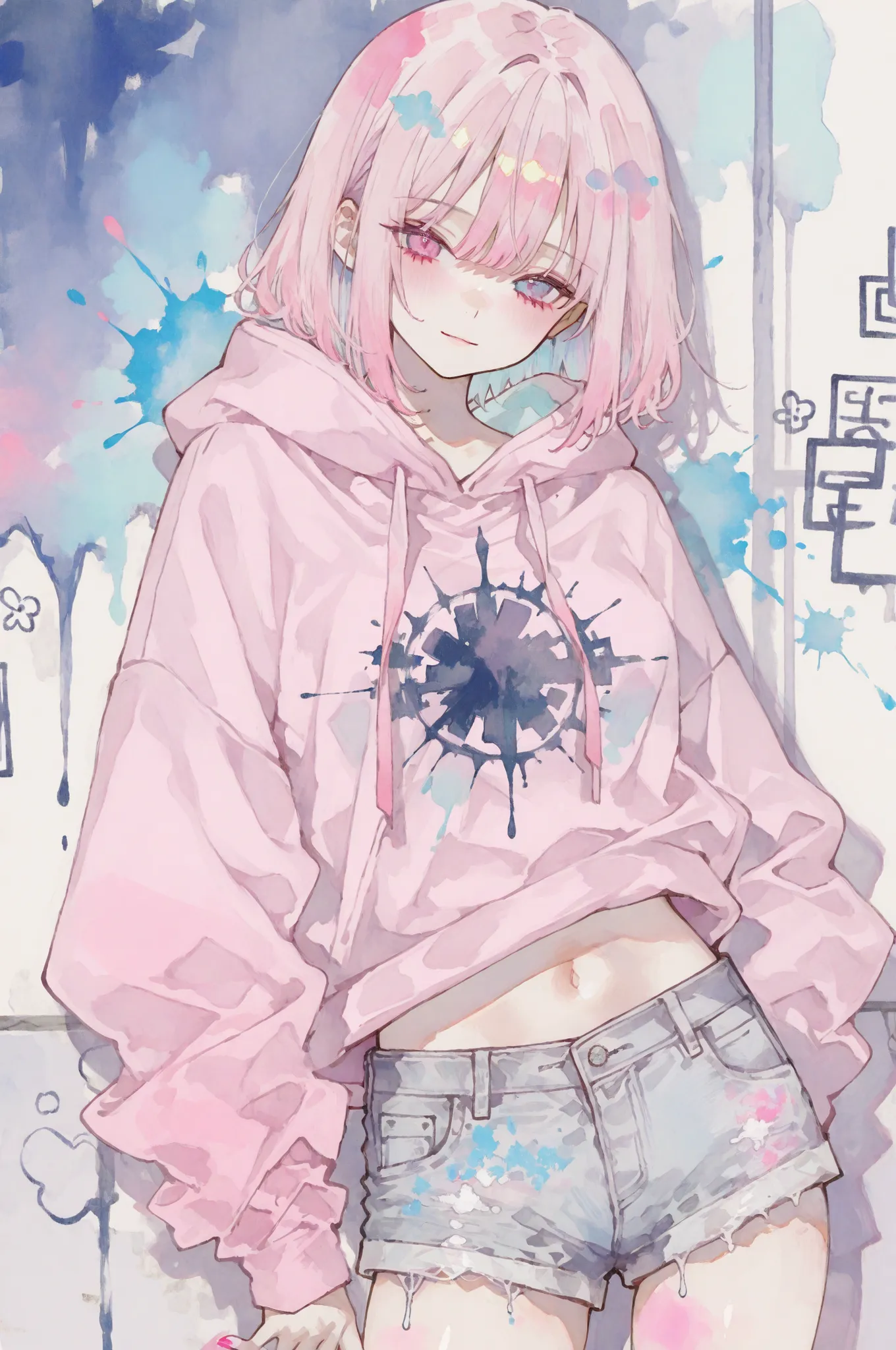 最高品質, 芸術的逸品, 繊細描写, 1girl, wall art style, pastel colors, graffiti effects, cute anime girl, oversized hoodie, short shorts, navel peek, street art aesthetic, ink wash gradients, vibrant color splashes, urban art style, sumi-e influence, exposed midriff, pa...