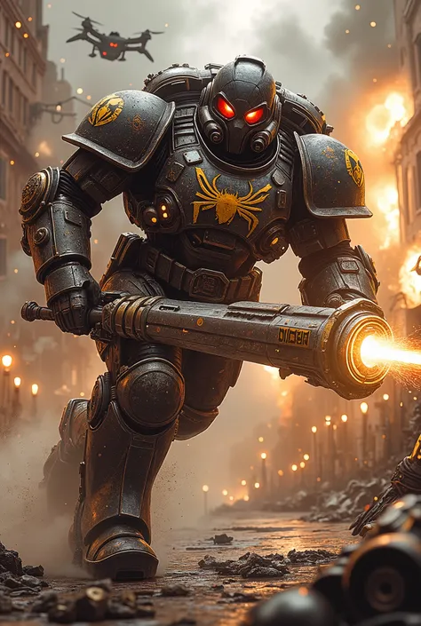 Soilder Spider-Man charges through a ruined dystopian street at dawn, caught mid-slash with his roaring chain sword, teeth spinning and glowing with golden runes, cleaving through armored enemies. His WWI Stormtrooper-style power armor — reinforced with bo...