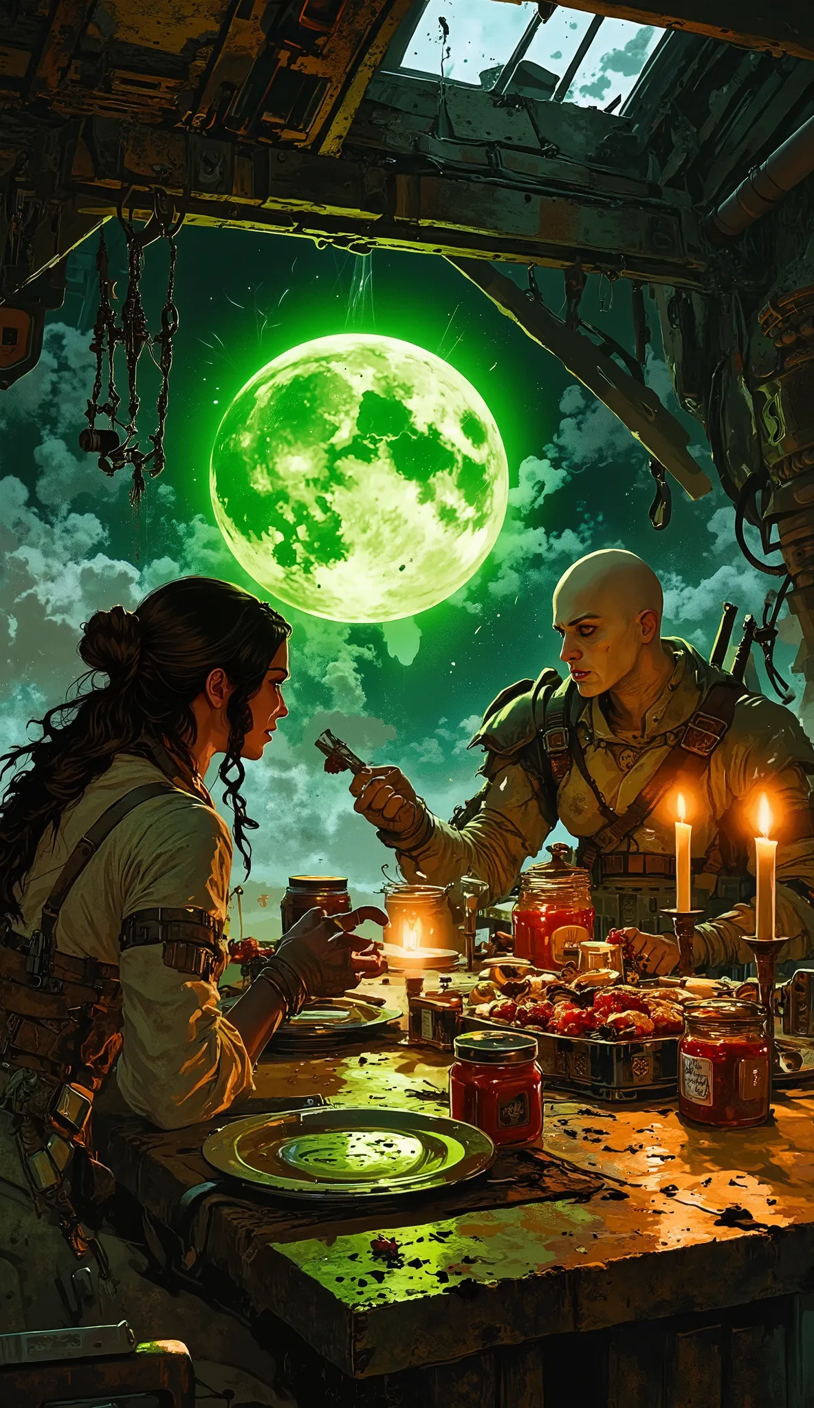 irradiated candlelight dinner: Two Wasteland nobles share a feast of luxury preserves on an antique table top, carried by motorcycle parts, their clothes a fusion of tattered evening wear and tactical armor, around her are candles in modified ammo cases, f...