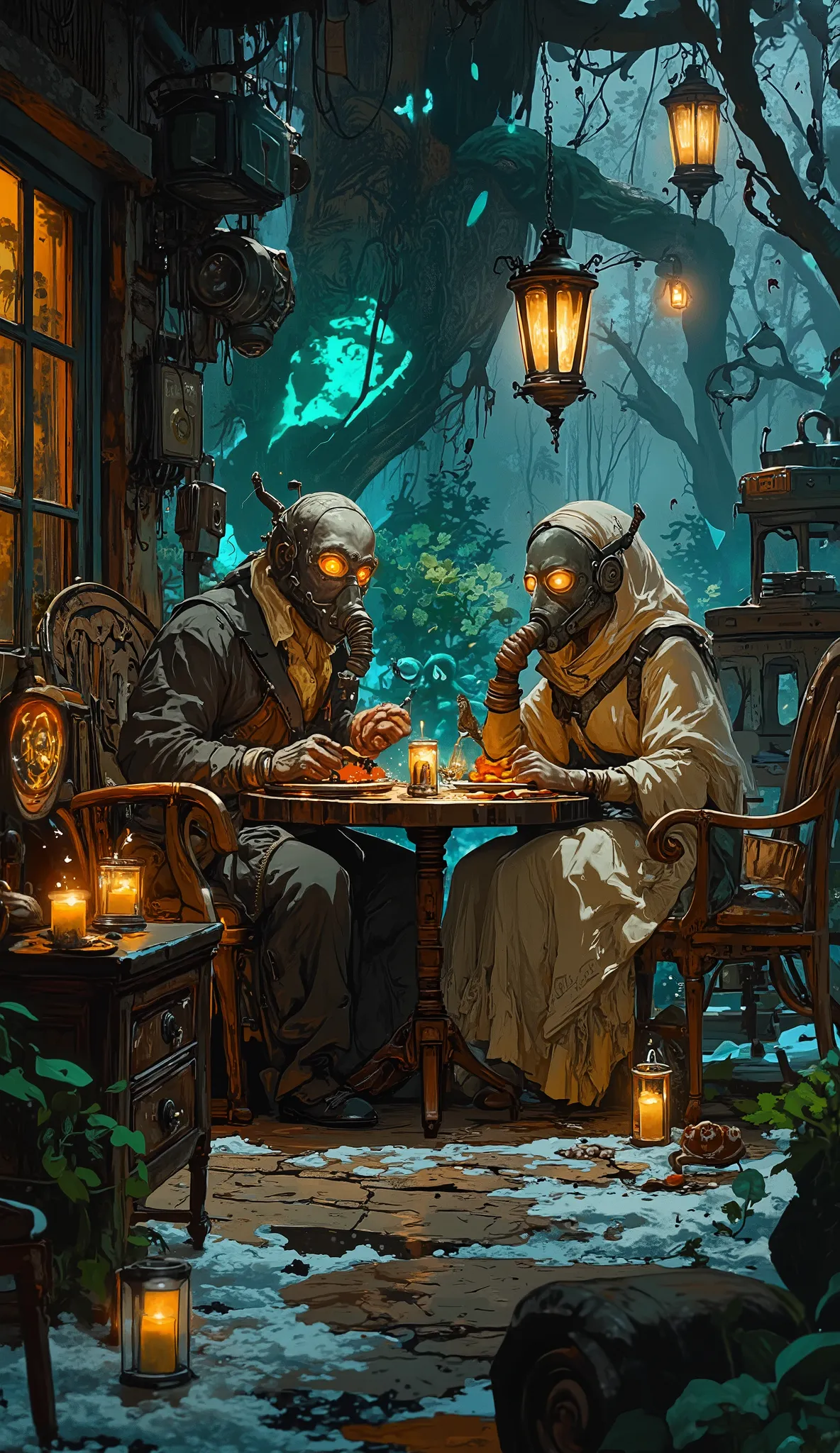 post-apocalyptic rendezvous: A classy couple sits in a dilapidated winter garden opposite, surrounded by phosphorescent mutant plants, put off their intricately decorated gas masks to eat, while an upset gramophone plays soft waltz music, their robes an ar...