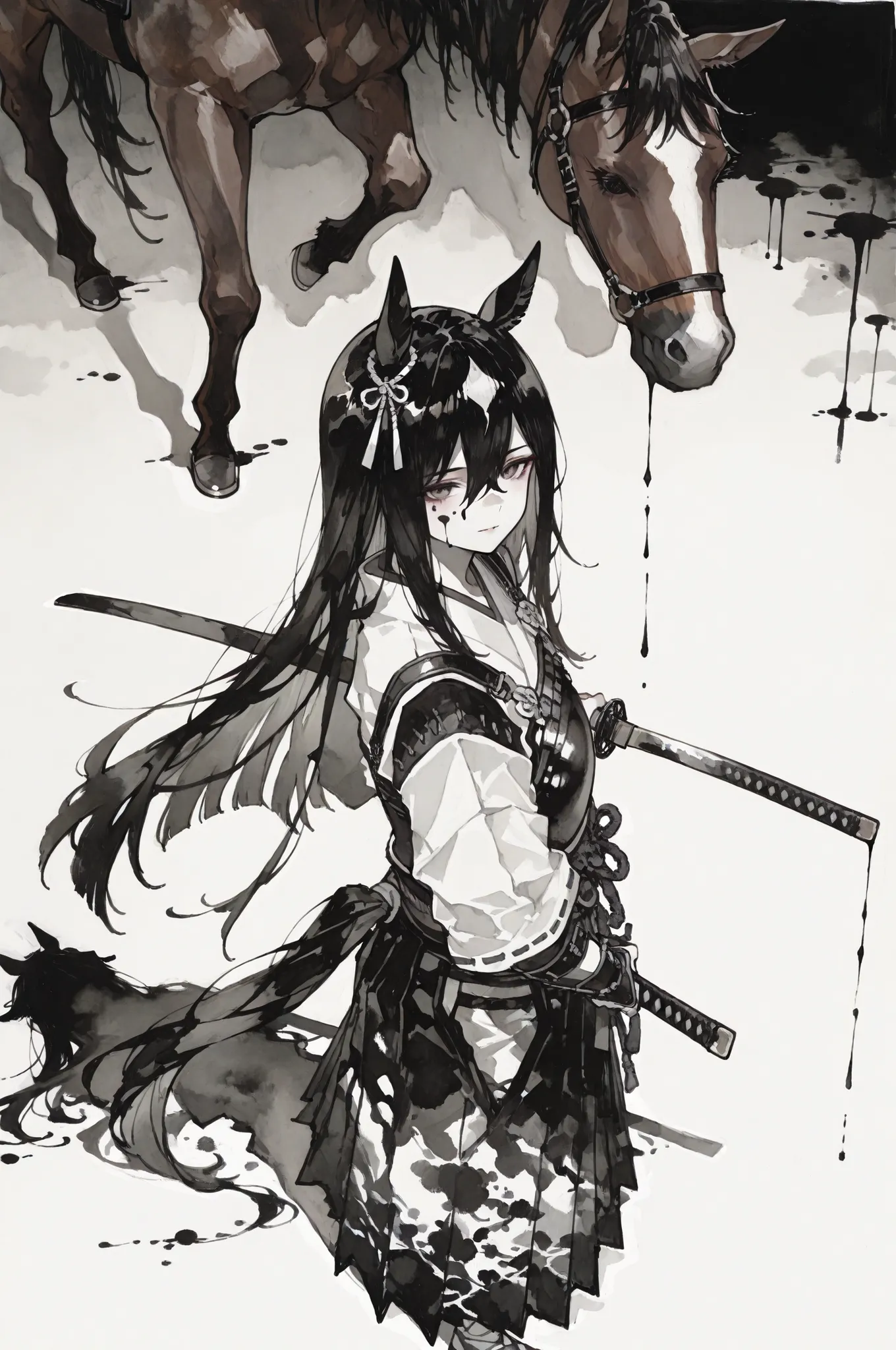 極上品質, 水墨画逸品, 大胆筆致, sumi-e style, bold ink strokes, samurai girl, majestic horse, high angle shot, thick ink effects, dramatic brush work, traditional Japanese art, standing beside horse, aerial perspective, dynamic ink splash, detailed horse anatomy, young...