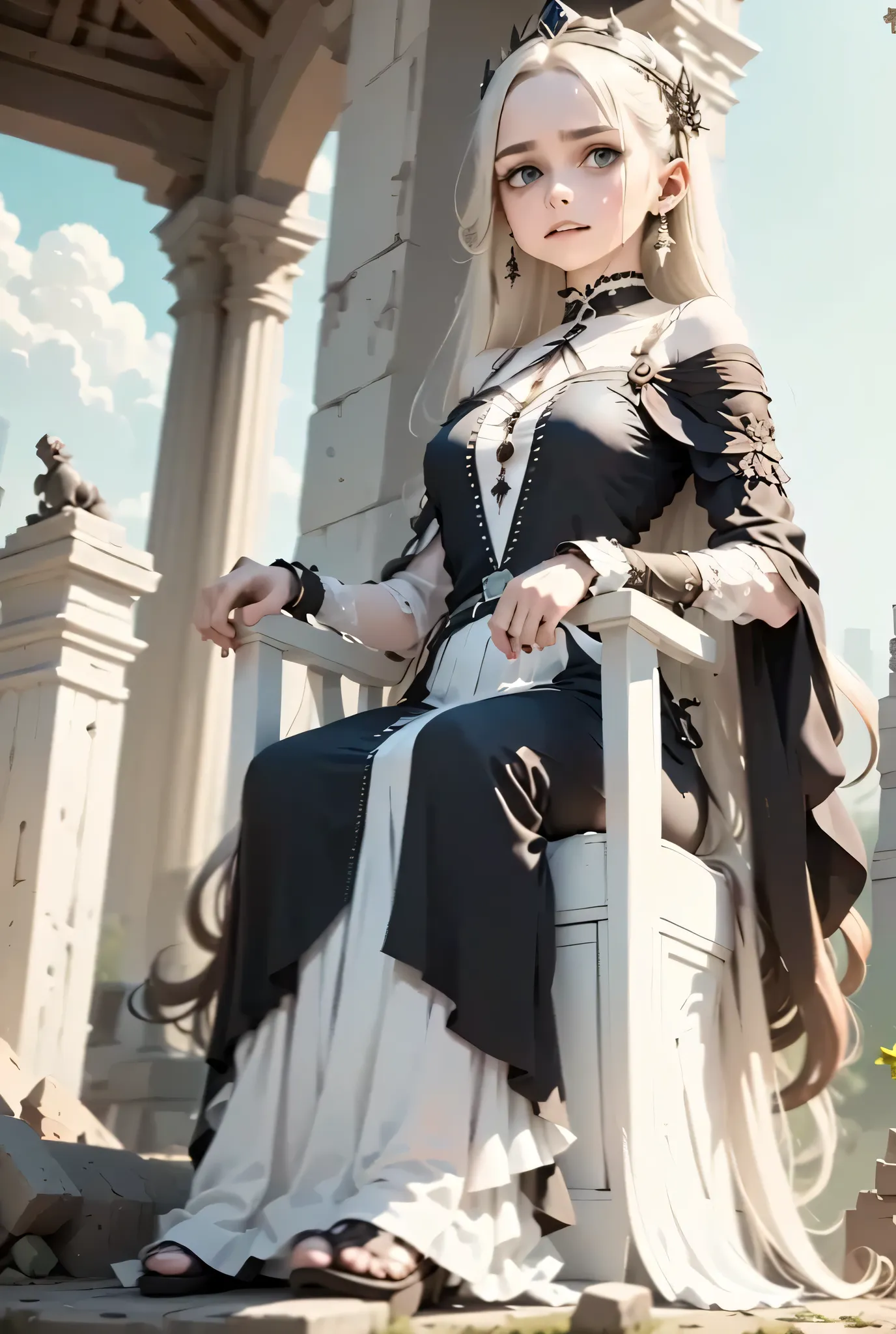 Throne Among the Rubble An elderly queen sits on a throne made of rubble and statue remains, while the apocalyptic sky looms behind her. Her gaze is proud, her cloak intact.