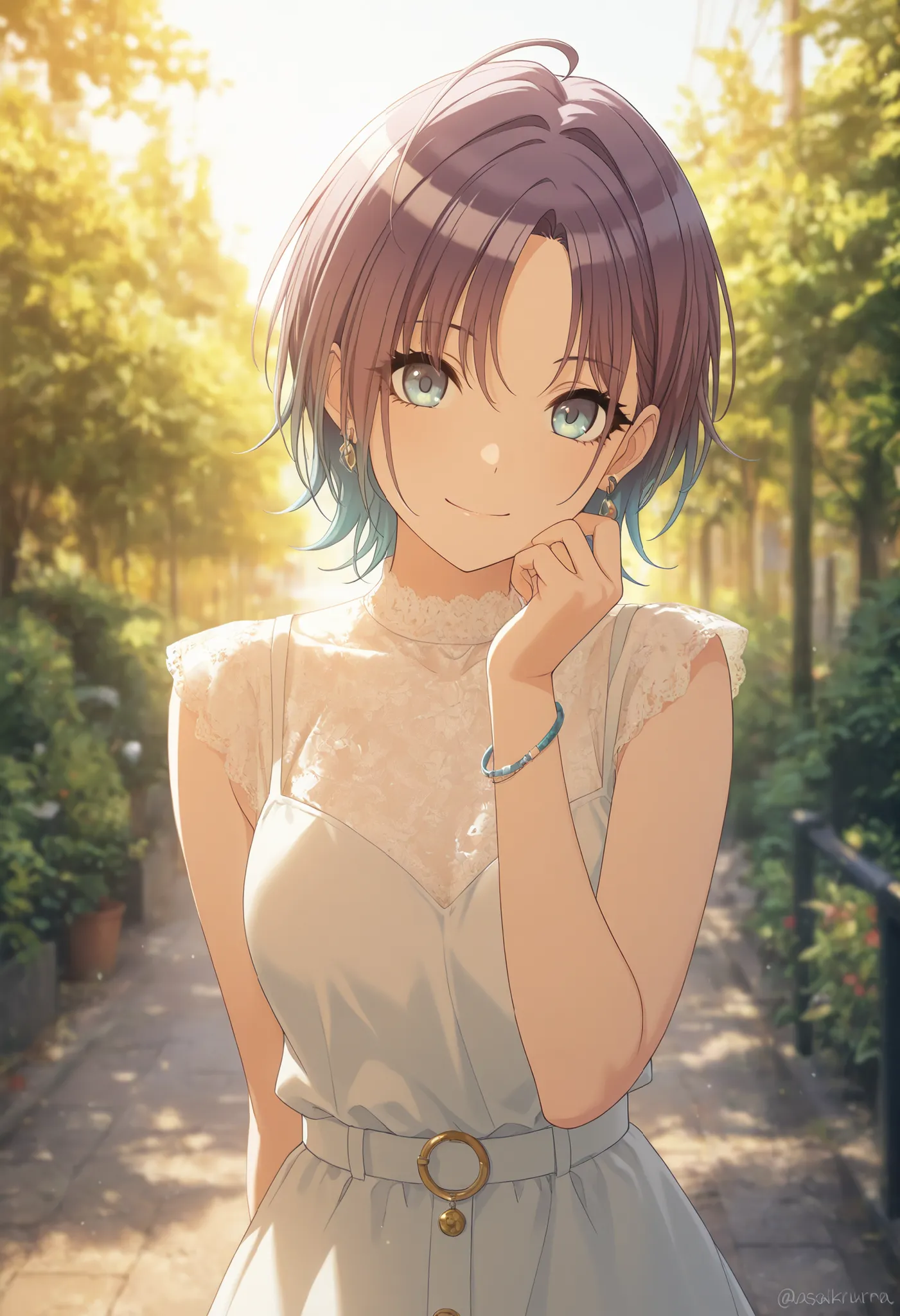  masterpiece,best quality, good quality, ,,outdoors,  shanimas,  source_anime,asakura toru, short hair, brown hair, blue hair, blue eyes, 1girl, solo, looking at viewer, ahoge, jewelry, earrings, smile, white shirt,, parted bangs, bracelet, sleeveless dres...