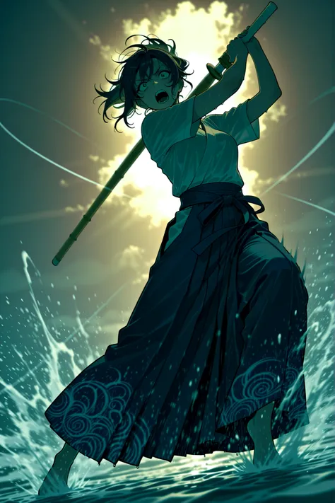 Dark early morning beach,dawn,(1 girl),backlighting, rim lighting effect, glowing outline, cinematic composition,upper body,dutch angle, 17 Year Old Girl ,kendo,holding, shinai, japanese weapon, two-handed,(White uniform and navy blue hakama),((motion blur...