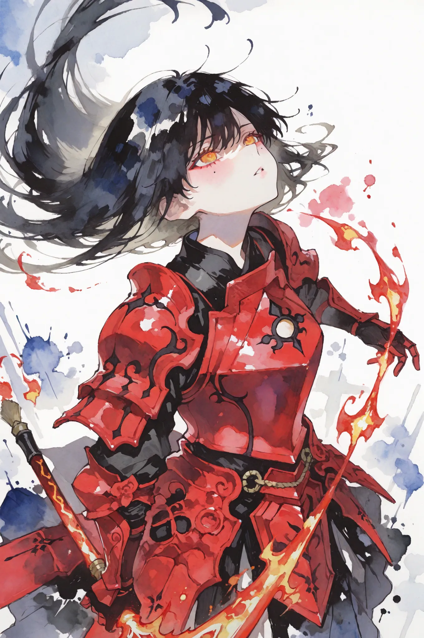 最高品質, 水墨画傑作, 繊細描写, high angle view, watercolor and ink style, 1girl, flame sword warrior, cute anime girl, bold ink strokes, aerial perspective, dynamic pose, flowing battle dress, fire magic effects, ink wash techniques, dramatic brush strokes, looking up...
