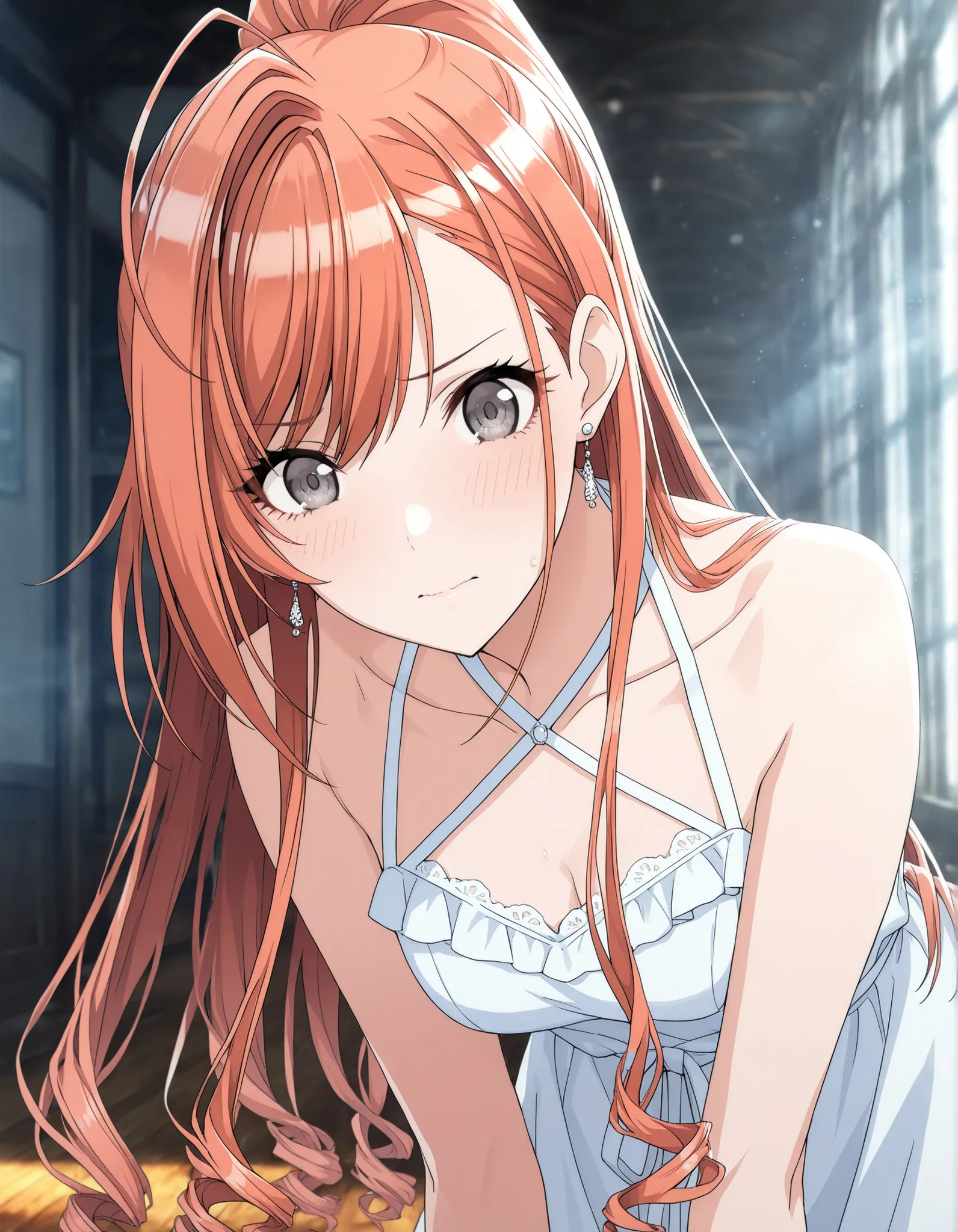(masterpiece),(best quality),(ultra-detailed),(best illustration),(cinematic light),(absurdres),(detailed background),(very aesthetic),arisugawa natsuha, 1girl, solo, orange hair, medium hair, ahoge,(high ponytail), swept bangs, (straight hair:1.5), gray e...