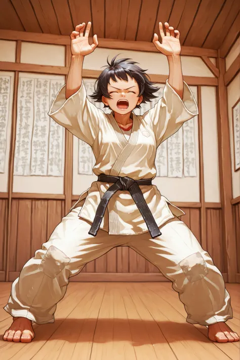 Makoto、dark haired、short cut、closes her eyes、screaming、karate、karate着、standing in the teacher's house、stretch his legs、Makotoの後ろに男、Wooden Room、Front view