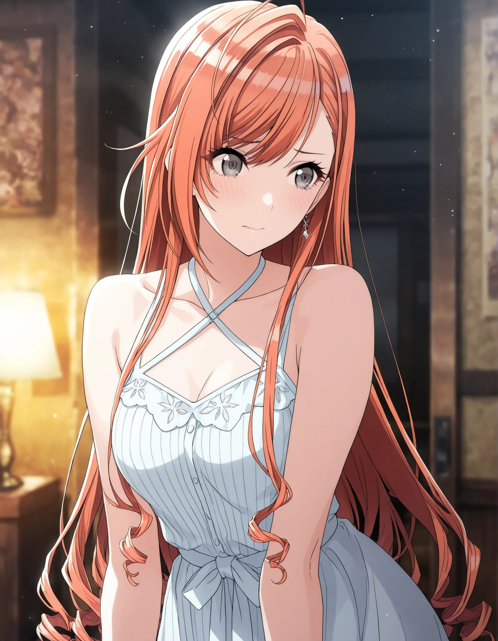 (masterpiece),(best quality),(ultra-detailed),(best illustration),((cinematic light)),(absurdres),(detailed background),(very aesthetic),arisugawa natsuha, 1girl, solo, orange hair, medium hair, ahoge,(hair down), swept bangs, (straight hair:1.5), gray eye...