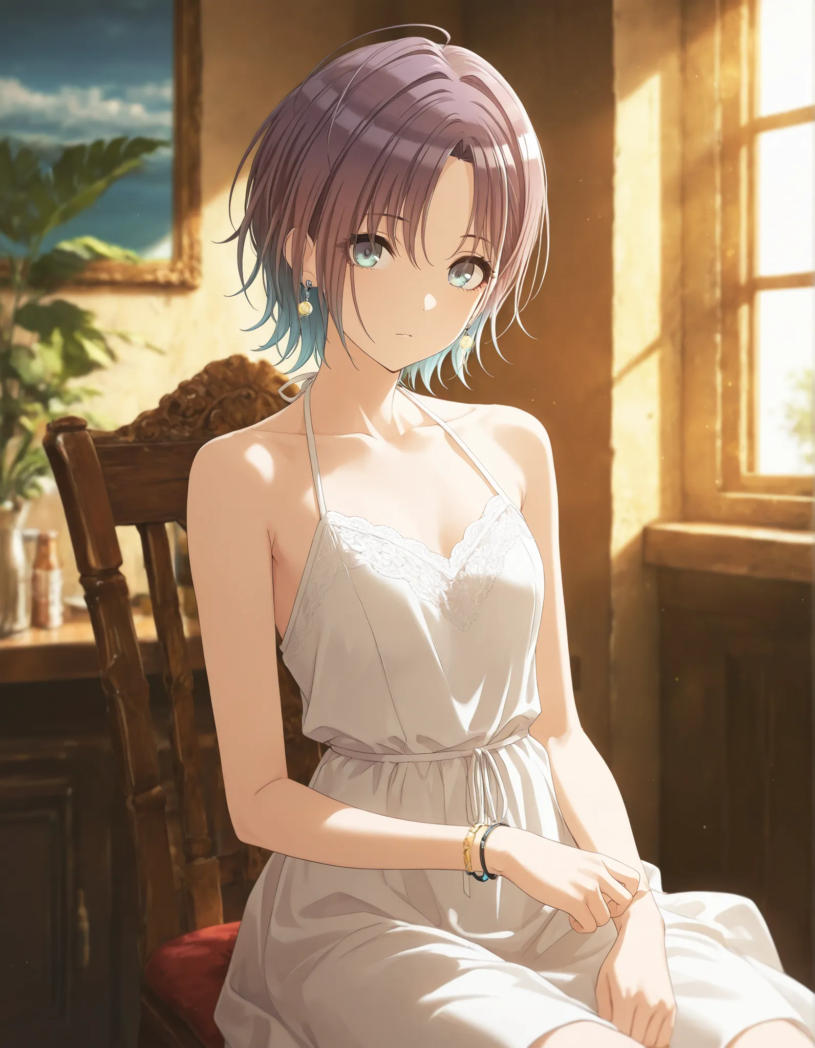 masterpiece,best quality, good quality, ,,indoors,((cinematic light)) shanimas,  source_anime,asakura toru, short hair, brown hair, blue hair, blue eyes, 1girl, solo, looking at viewer, ahoge, jewelry, earrings, (), halterneck, summer dress,, parted bangs...