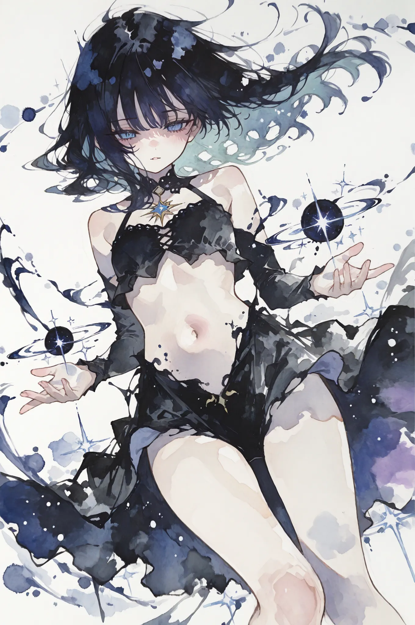 最高品質, 芸術的傑作, 精緻描写, watercolor and ink style, 1girl, cute witch, dynamic angle, bold ink strokes, exposed midriff, dramatic perspective, wind effects, close-up shot, magical atmosphere, flowing crop top, beautiful young witch, wind-blown hair, immersive vie...