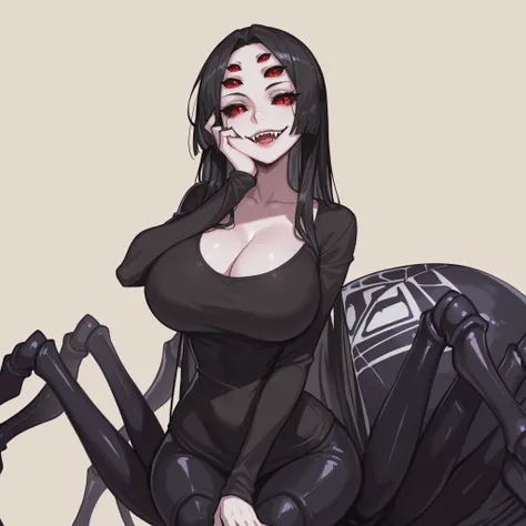 masterpiece, ultra-HD, impressionism, high detail, best quality, very aesthetic, 8k, best quality, beautiful, 1woman, solo, mature woman, monster girl, Arachne, drider, very long black hair, parted bangs, hime cut, black sclera, red eyes, slit pupils, six ...