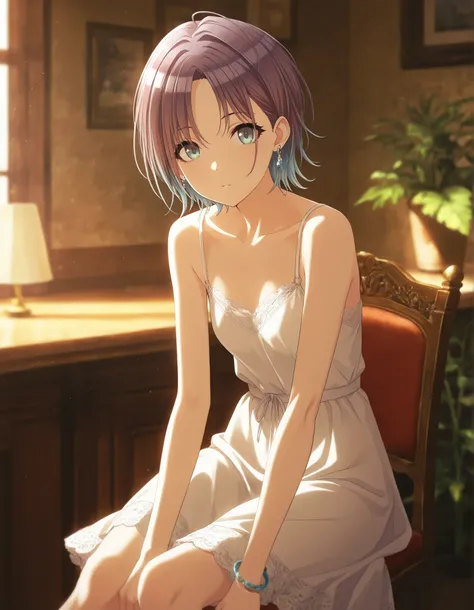 masterpiece,best quality, good quality, ,,indoors,((cinematic light)) shanimas, source_anime,asakura toru, short hair, brown hair, blue hair, blue eyes, 1girl, solo, looking at viewer, ahoge, jewelry, earrings, (), summer dress,, parted bangs, bracelet, ...