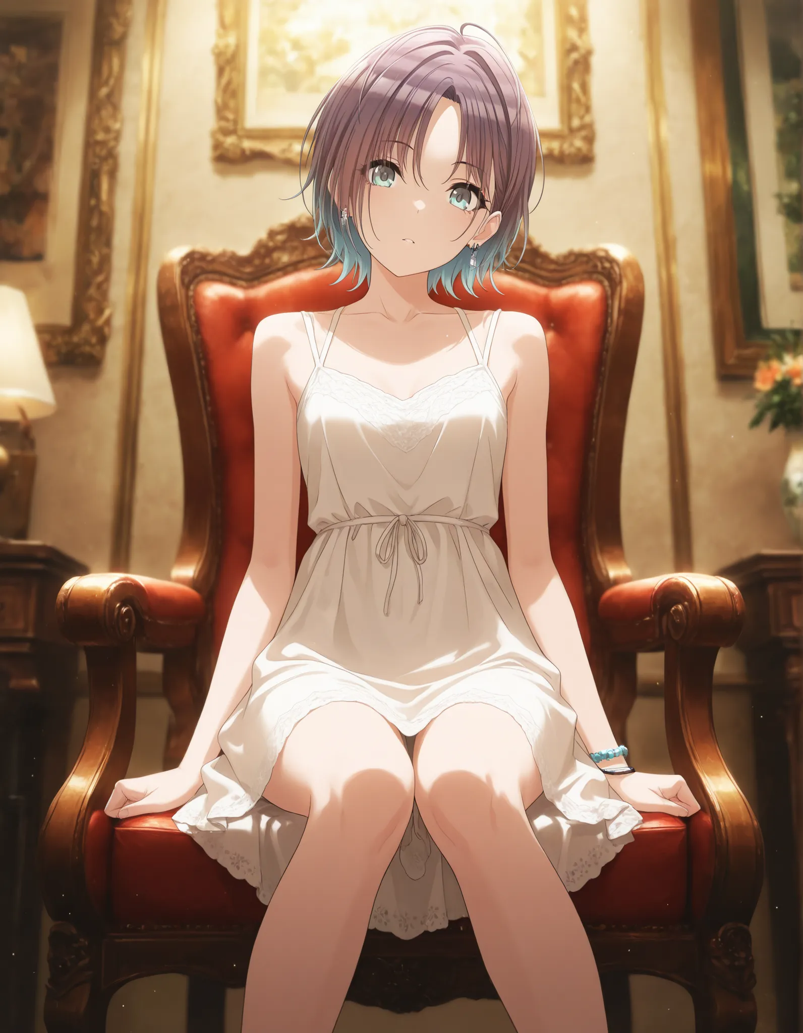  masterpiece,best quality, good quality, ,,indoors,((cinematic light)) shanimas,  source_anime,asakura toru, short hair, brown hair, blue hair, blue eyes, 1girl, solo, looking at viewer, ahoge, jewelry, earrings, (), summer dress,, parted bangs, bracelet, ...