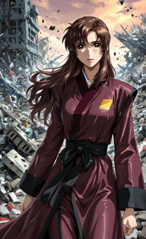 ((Murrue_Ramius/Gundam Seed, Brown Hair, Brown Eyes, Long Hair, Murrue_Ramius's Official Hairstyle))), Female Aristocrat,Wearing Official Clothes Of Murrue_Ramius At Gundam_Seed Series, with Additional Furry Robe, Looking Of her's Destroyed Kingdom, A Lot ...