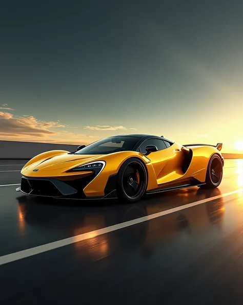 A very beautiful sports luxury car design with low ground space, yellow and black combination car, luxury touches, background with Lightroom effect with smock , simple background, low angle pic side of the car , car is running motion effect , speed motion ...