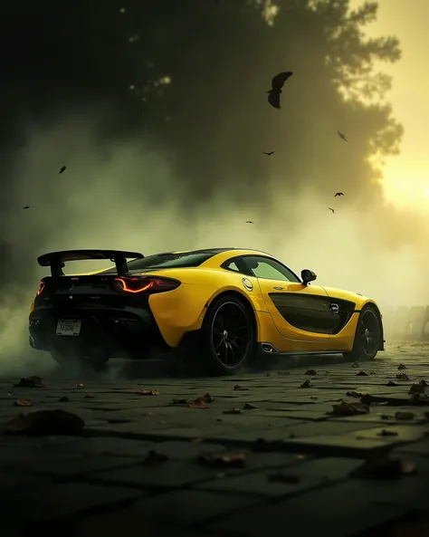 A very beautiful sports luxury car design with low ground space, yellow and black combination car, luxury touches, background with Lightroom effect with smock , simple background, low angle pic side of the car , car is running motion effect , speed motion ...