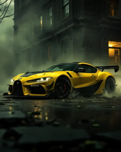 A very beautiful sports luxury car design with low ground space, yellow and black combination car, luxury touches, background with Lightroom effect with smock , simple background, low angle pic side of the car , car is running motion effect , speed motion ...