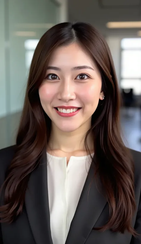 Neat Young Woman、and look at the camera、office lady suit、jacket、shirt、 、、ear piercing、 Brown hair as close as possible to black、Bust Up Shot、smile showing teeth、background is office

