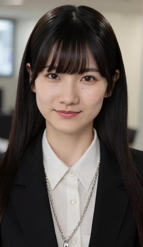Neat Young Woman、and look at the camera、office lady suit、jacket、shirt、necklace、、ear piercing、dark haired、Has bangs、smile showing teeth、Bust Up Shot、background is office
