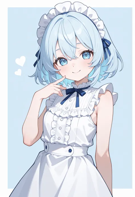 1 girl、solo、Smile Yan、light blue hair、blue eyes、White sleeveless dress、 lots of frills、small tits、Background based on blue