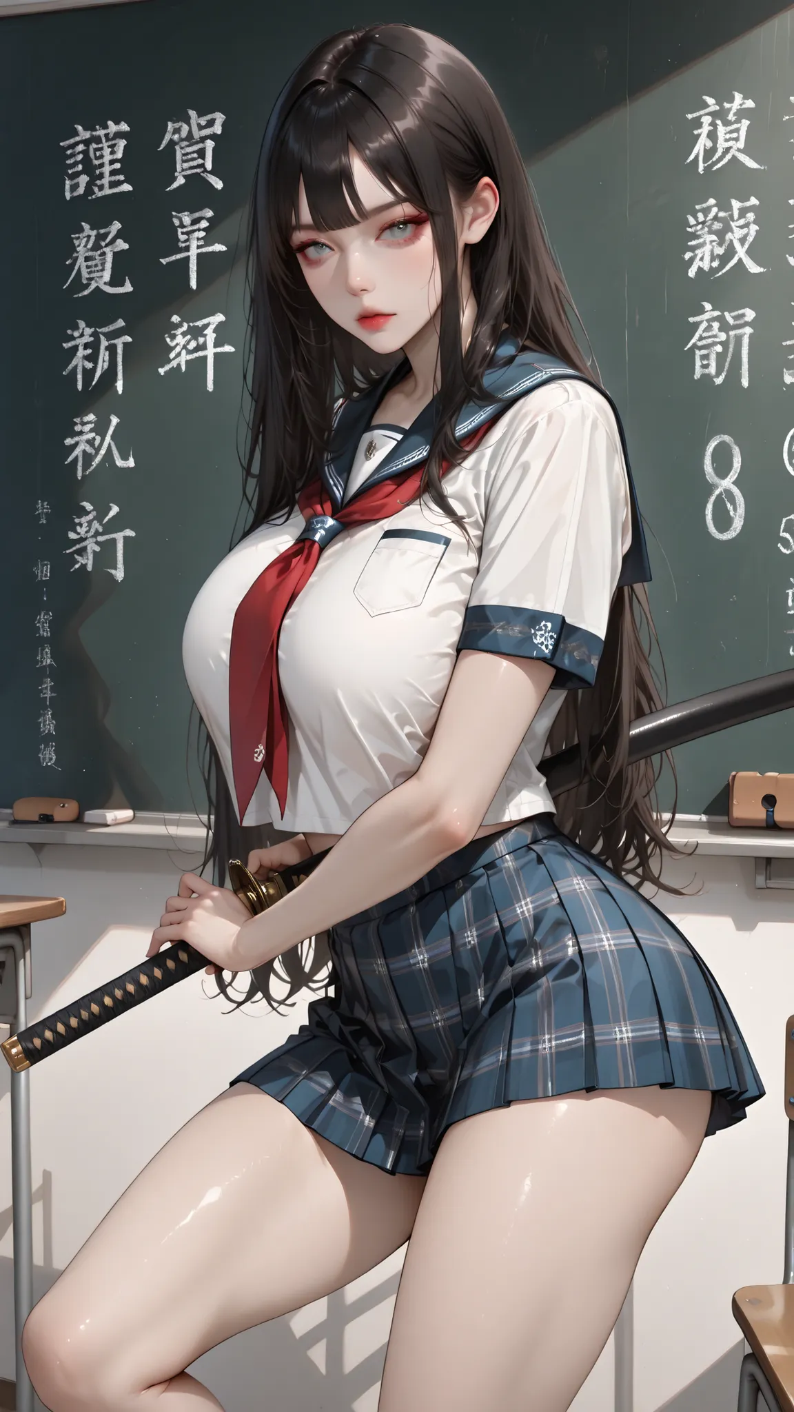 masterpiece, best quality, vibrant, very aesthetic, high contrast, (semrealistic), newest, koreanai, best_quality, finely_detailed_eyes_and_detailed_face, (1 girl), long_hair, straight_hair, bangs, slim_face, gray_eyes, skinny,(huge_breasts:1.3) large_hips...