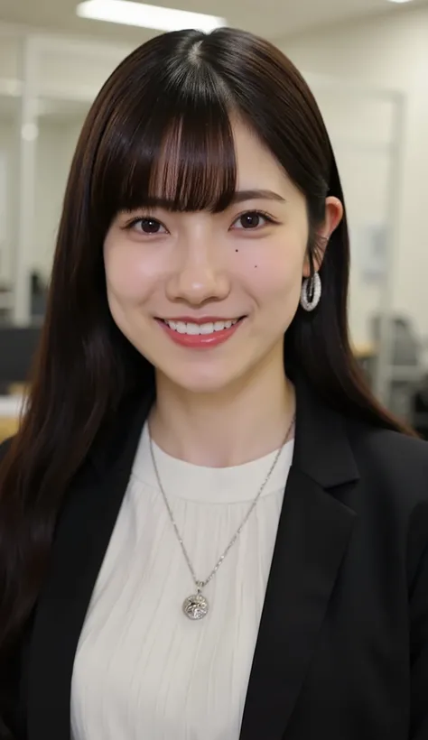 Neat Young Woman、and look at the camera、office lady suit、jacket、shirt、necklace、、ear piercing、、Has bangs、smile showing teeth、Bust Up Shot、background is office
