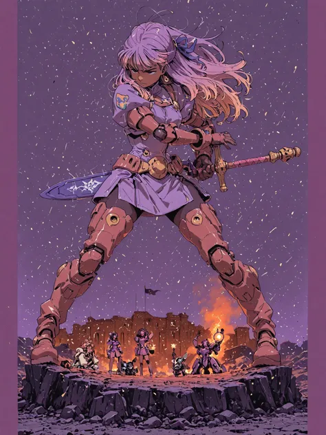 fille goth mecha, très grand, jambes longues , cheveux longs blonds, couleur sombre et violette dans son armure, tenant un gros marteau en feu. pose dynamique. fond sombre