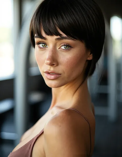 (sexy), (Sara Jean Underwood), (Sara Jean Underwood's facial features), (Sara Jean Underwood's face), (Sara Jean Underwood's body), (Silky jet black pixie cut hair with bangs), (green color eyes, eyes perfectly defined, pretty eyes), Detailed face, twenty ...